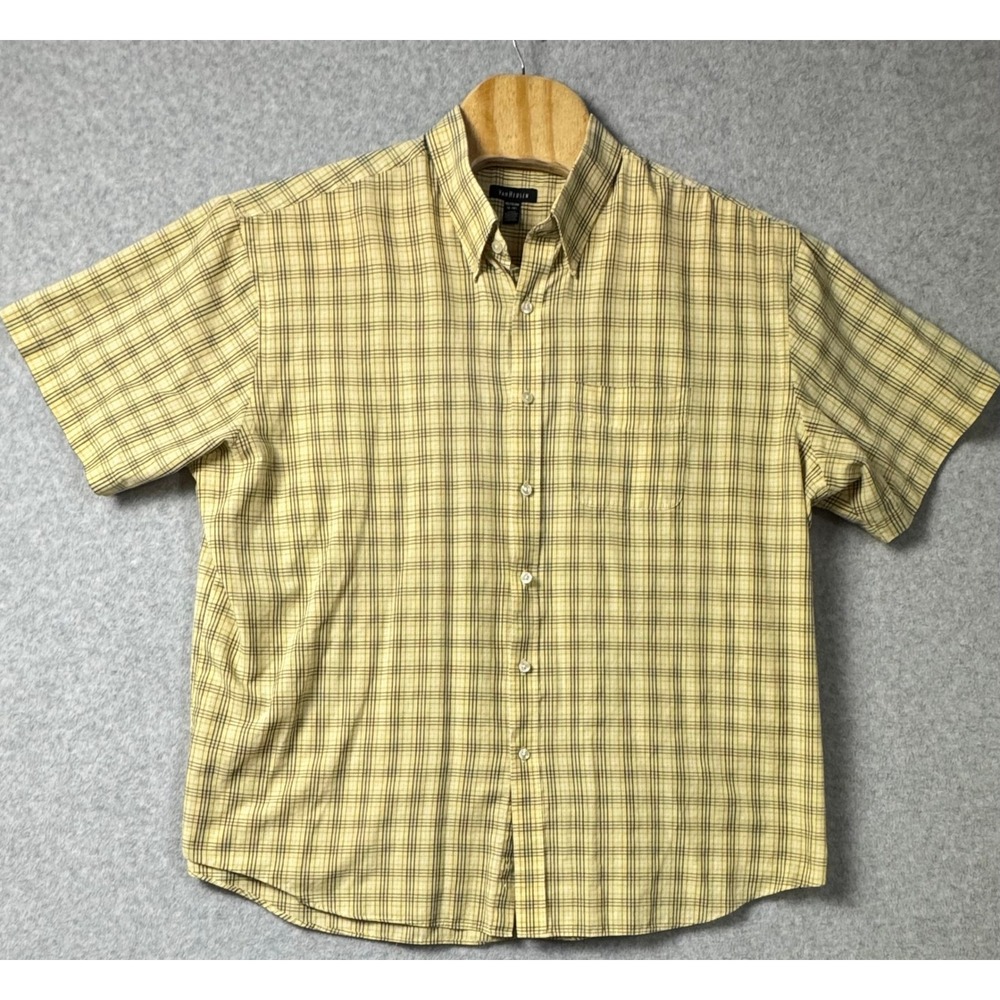Van Heusen Mens XXL Yellow Plaid Short Sleeve Button Down Shirt Pocket 18-18.5